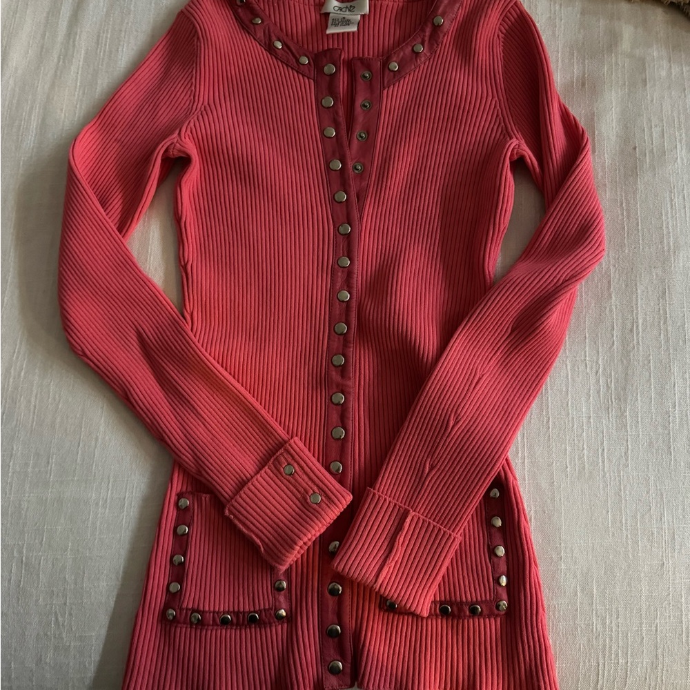 Cache Ribbed Long-Sleeve Pink Studded Cardigan